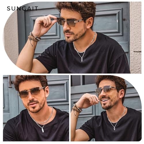 SUNGAIT Rimless Rectangle Sunglasses Square Frameless Shades for Men Women Y2K Vintage Retro Fashion UV Protection (Gold Frame/Brown Gradient Lens) - Thumbnail 4