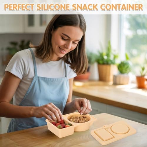 Dalycro Silicone Snack Containers with Lids – Reusable Snack Containers with Double Compartments for Adults Mini Silicone Food Box Perfect for Travel Lunch Gym (Khaki) - Thumbnail 6