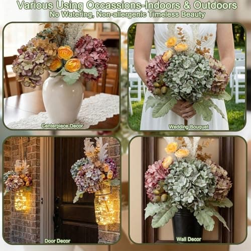 Lune cle Hydrangea Artificial Flowers Bouquet, Pre-Arranged Fake Flowers Bouquet with Ranunculus, Eucalyptus, Pampas, Real Touch Silk Flowers for Centerpiece Shelf Table Wedding Home Decor - Thumbnail 6