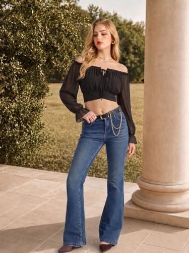 Women Off the Shoulder Crop Tops Long Sleeve Shirt Blouse Black S - Thumbnail 2