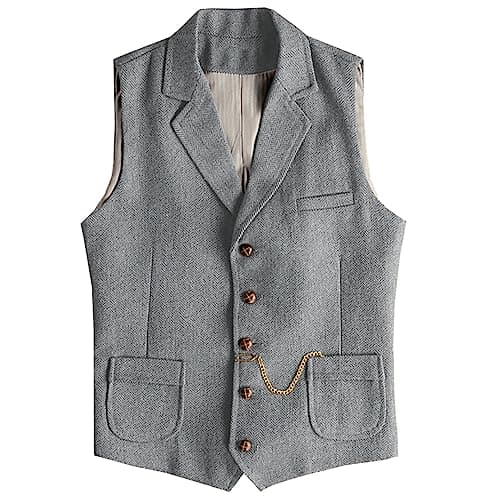 AeoTeokey Men's Tweed Suit Vest Western Herringbone Wool Casual Waistcoat for Groomsman (Silver,Small) - Image 1