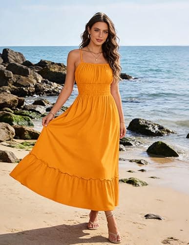 GRACE KARIN Women's Summer Maxi Dress 2026,Smocked Ruched Bust Sundress with Adjustable Straps & Pockets Mustard Yellow XL - Thumbnail 2