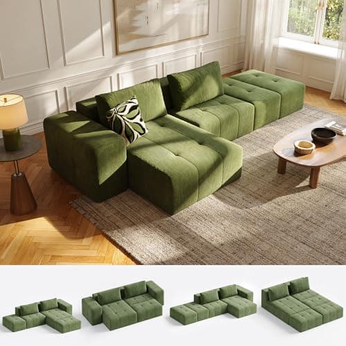 141" Cloud Sectional Couch for Living Room, Oversize Boneless Modular Sectional Sofa with Deep Seat, L Shaped Modern Cloud Sleeper Sofa Bed with Chaise, Green