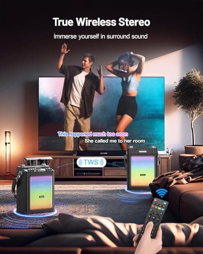 Metfut Karaoke Machine for Adults with 2 Wireless Microphones & Guitar Input, Professional Bluetooth 5.3 Speaker, Portable Wooden Karaoke PA System with Bass/Treble Adjustable for Backyard, Home Party - Thumbnail 6