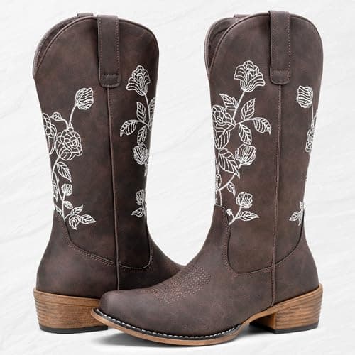 Jeossy Women's Whisky Western Cowboy Boots Mid Calf Embroidery Flower Cowgirl Boots with Low Heel Side Zipper 9807 Comfy Round Toe Country Music Festival Music Rodeo, Size 7(DJY9807 Whisky 07) - Thumbnail 6
