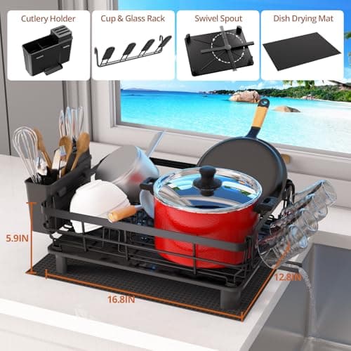 Godboat Dish Drying Rack, Dish Rack with Auto-Drain & Mat, Dish Drainers for Kitchen Counter, Glass Organizer for 4 Cups, 3 Slots Utensil Holder, Gifts for Women Mothers Day, Kitchen Gadgets & Decor - Thumbnail 3