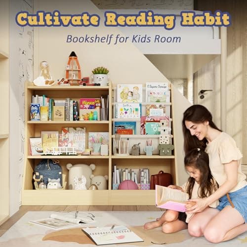 IKALIFE 39" Large Kids Wooden Bookshelf and Toy Storage Organizer, Baby Bookcase with Sling Book Rack, Children Toddler Wooden Book Shelf for kids rooms, Playroom, Classroom, Nursery, School (Natural) - Thumbnail 4