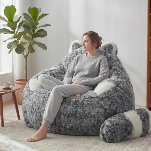 EBENCHICO Giant Bean Bag Chair for Adults Teens, Raccoon Shaped Faux Fur Bean Bag Sofa with Filler, Plush Beanbag Couch with Tail Pillow for Gaming, Reading, Bedroom, Dorm - Image 1