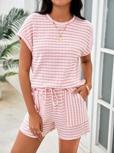 Tankaneo Womens Striped Summer 2 Piece Short Sets Short Sleeve T Shirts Drawstring Shorts Casual Outfits Lounge Pajama Sets - Thumbnail 2