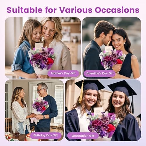 TINGE TIME Mothers Day Preserved Flowers Bouquet, Forever Flowers Gifts for Mom, Birthday Gifts for Women, Eternal Roses Bouquet for Grandma Wife Anniversary Graduation(Purple) - Thumbnail 3