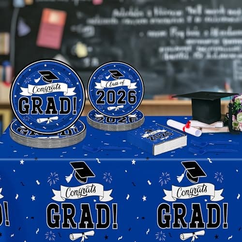 122 Pcs Graduation Decorations 2026 Set Serves 30, Graduation Plates and Napkins, Disposable Class of 2026 Grad Decorations, Blue Congrats Grad Paper Dinnerware Table Decor for Party - Thumbnail 4