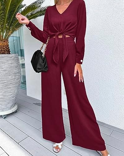 PRETTYGARDEN Women's 2 Piece Outfits 2026 Spring Fashion V Neck Long Sleeve Strappy Crop Top Wide Leg Pant Lounge Sets(Wine Red,X-Large) - Thumbnail 2