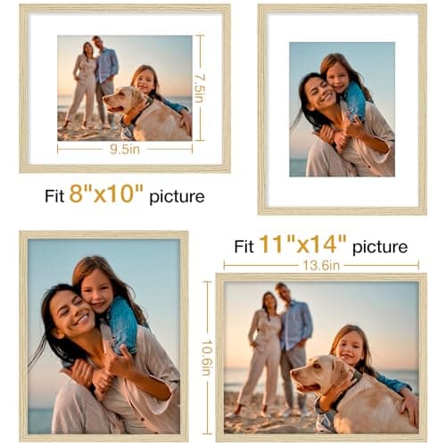 Vittanly 11x14 Picture Frame Set of 4, Display Pictures 8x10 with Mat or 11x14 without Mat, Gallery Wall Frame Set for Wall or Tabletop, Engineered Wood with Shatter Resistant Plexiglass, Natural - Thumbnail 5