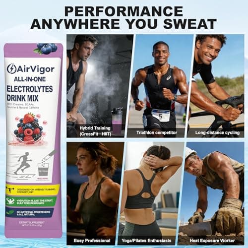 AirVigor Electrolyte Powder with Creatine All-in-One Hydration Drink Mix for Workout, Pre Workout Energy & Recovery, Amino Support, Low Calorie Electrolyte Drink Packets, 20 Sticks, Only 5 Calories - Thumbnail 6
