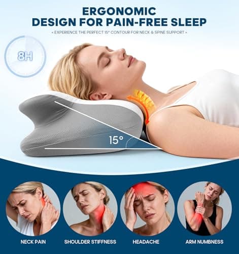Cervical Neck Pillow – Ergonomic Contoured Memory Foam Pillow for Neck & Shoulder Pain Relief, Dual-Height Spine Alignment for Side, Back & Stomach Sleepers, Cooling Ice Silk Pillowcase – Queen - Thumbnail 6