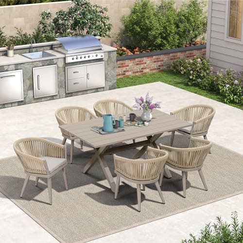 PURPLE LEAF 7 Pieces Outdoor Dining Set with Cushion Chairs, Champagne - Thumbnail 3