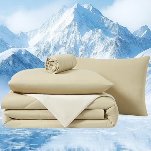 Quataly Cooling Comforter Set Queen- Beige Reversible Cooling Comforter Set with Sheets - Soft Breath Comforter 4pcs Set (Comforter+Fitted Sheets+2Pillowcases) - Image 1
