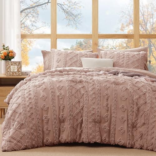 WRENSONGE Full Size Comforter Set with Sheets - 7 Pieces Rusty Pink Tufted Bed in a Bag Full Shabby Chic Bedding Sets with 1 Comforter, 2 Sheets, 2 Pillowcases & 2 Shams