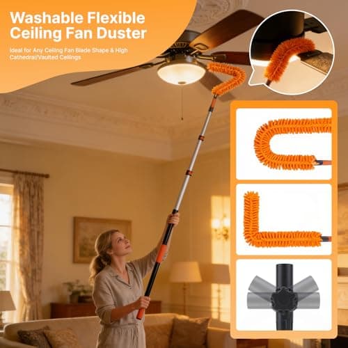Newfinder 7-in-1 High Ceiling Duster Kit with 4-12ft Extension Pole, Ceiling Fan Duster, Cobweb Duster, Microfiber Duster, Window Cleaner & Squeegee, Wall Mop, 20ft Reach Duster with Extension Pole - Thumbnail 5