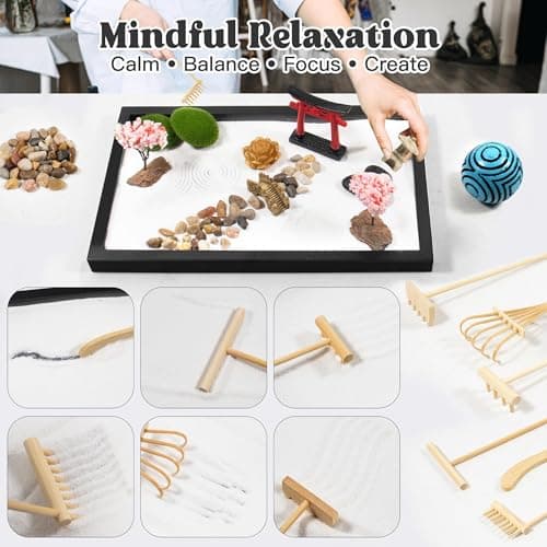 Wacloud Zen Garden Kit for Desk Decor – Japanese Mini Zen Sand Garden with 10+ Tools & Accessories, Bamboo Rakes, Torii Gate, Incense Holder & Gift Box – Stress Relief Desk Ornament for Home & Office - Thumbnail 4