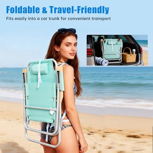SUNNYFEEL Tall Beach Chair, Reclining Beach Chair with 5-Position, Portable Camping Chair for Adults with Wood Armrest, Lightweight Camping Chair 300 lbs Heavy Duty, Green, 2 Pack - Thumbnail 6