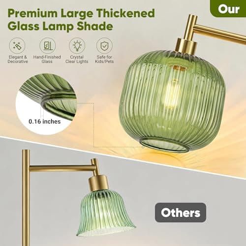 QiMH Glass Floor Lamp for Living Room, Modern Standing Lamp with Green Ribbed Glass Lampshade, Stepless Dimmable Rotary Switch, 67” Tall Lamp for Bedroom Home Decor, Brushed Gold - Thumbnail 3