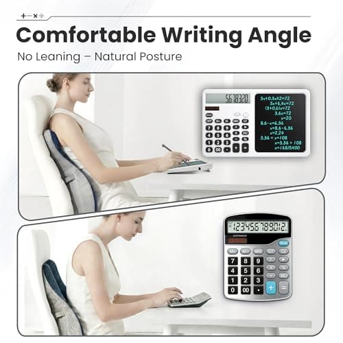 Desk Calculator with Writing Pad, Widescreen Extra-Large LCD Display, 12-Digit Calculator, Solar & Battery Dual Power Supply, Desktop Calculator with Ergonomic Viewing Angle for Office, School (White) - Thumbnail 3