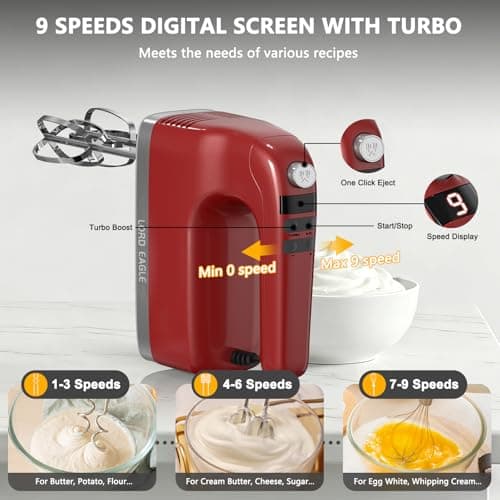 Lord Eagle 9-Speed Digital Hand Mixer Electric Handheld, 500W DC Motor - Thumbnail 2