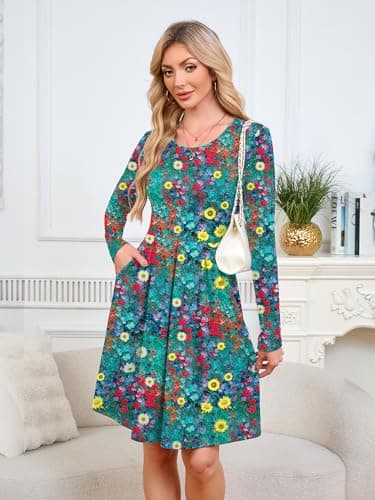 KORSIS Womens Dress Casual Swing T Shift Autumn Winter Long Sleeve Round Neck Tunic Loose Fashion High Waist Floral Dresses with Legging Large - Thumbnail 3