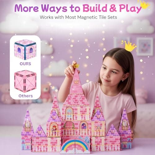 LATI Magnetic Tiles Princess Castle Building Toy for Kids, Double-Sided Magnetic Blocks for Day & Night Play, Open-Ended STEM Educational Toy, Compatible with Other Brands, Gift for Girls Ages 3–8 - Thumbnail 5