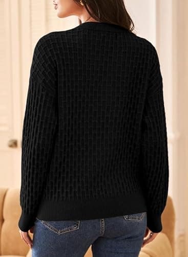 Dokotoo Women Sweater Long Sleeve V Neck Henley Shirts Button Sweater Solid Color Ribbed Waffle Knit Tops Casual Loose Fit Pullover Jumper Cable Knit Oversized Sweaters for Women Fall Medium - Thumbnail 5