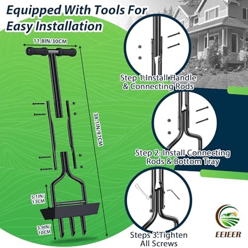 EEIEER Manual Lawn Aerator Tool with Soil Storage Basket - 2025 Upgraded Aerator Lawn Tool, 3 Tines Yard Aerators with Cleaning Tool, 38’’ Ergonomic Aeration Tools for Compacted Soil & Lawn Care - Thumbnail 6