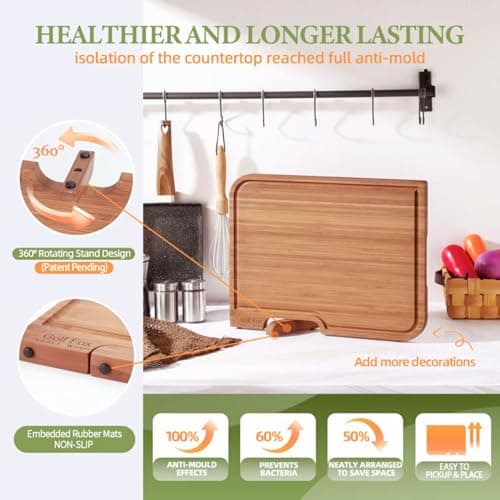 3-PCS Wood Cutting Board Set with Innovative Stand - Durable Double Sided Bamboo Cutting Board with Juice Groove & Handle for Meal Prep, Meat Charcuterie Serving, Eco-Friendly Healthy Kitchen Gift - Thumbnail 3