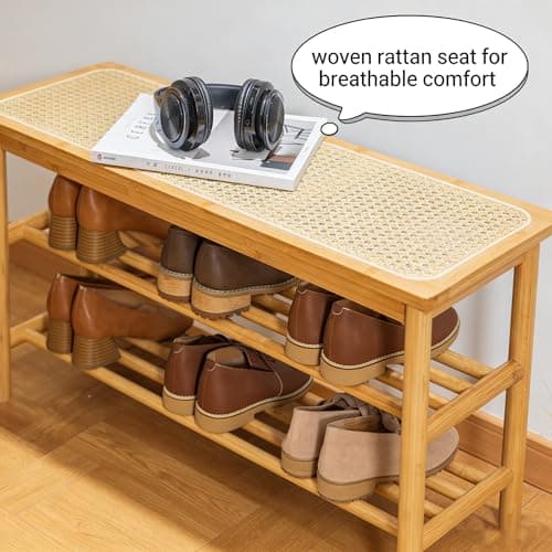 latifolia Shoe Rack Bench, 3-Tier Bamboo Shoe Bench with Breathable Rattan Seat Cushion, Shoe Storage Rack for Entryway(Nautre,39.70''L) - Thumbnail 5