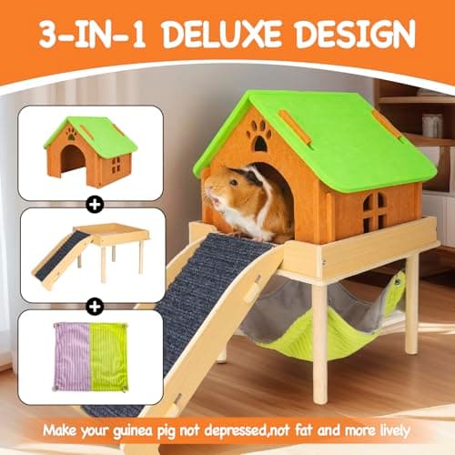 BESNEW 3 in 1 Enlarged Guinea Pig Hammock with House & Platform,Wooden Guinea Pig Hideout with Hammock & Stairs Small Animal Toys for Hiding Sleeping Activities - Thumbnail 2