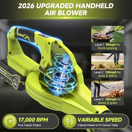 Leaf Blower Cordless with 2X 4.0Ah Batteries and Charger, 150MPH Lightweight Cordless Blower, 3 Speeds Small Electric Leaf Blowers for Lawn Care, Patio, Yard, Leaves, Grass, Dust (Upgraded Green) - Thumbnail 4