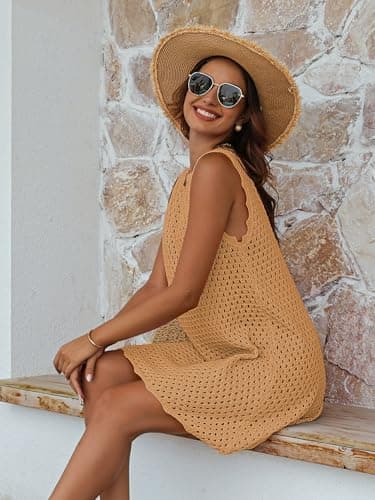 AiMgFUN Womens Swimsuit Cover Up Sleeveless Knit Swimwear Bathing Suit Coverup Crochet Beach Dress for Summer Outfits 2025 Khaki-S - Thumbnail 3