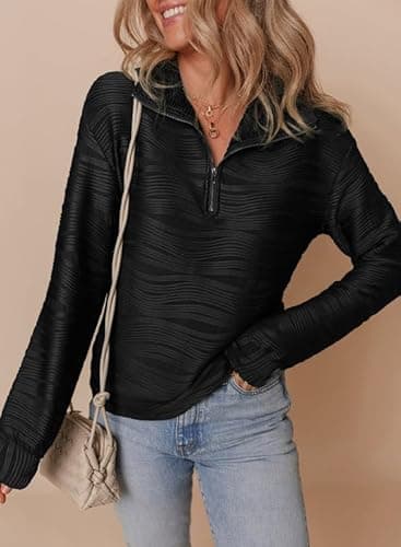 Dokotoo Womens Half Zip Pullover Long Sleeve Shirts Sweatshirts for Women Blouses Textured Tunic Tops Teen Girls Fall Jackets Winter Outfits Clothes Black Large - Thumbnail 4