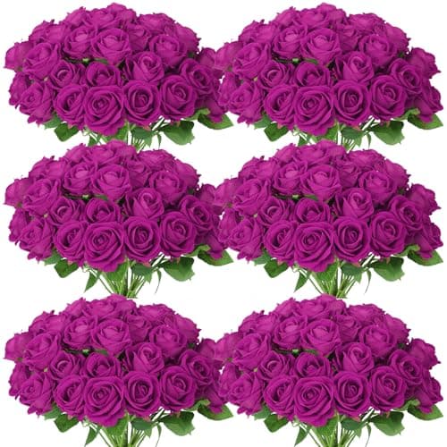 LetuoClips 102 PCS Purple Roses Artificial Flowers, Fake Purple Roses, Purple Artificial Roses with Stems for DIY Wedding Flowers Decoration, Valentines Roses, Wedding Decoration