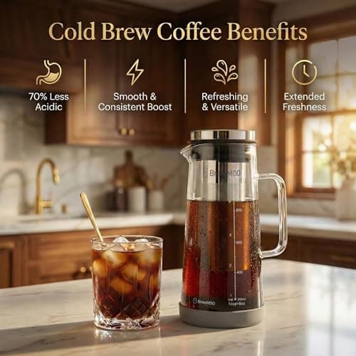 BrewMOO Cold Brew Coffee Maker Pitcher, 1.0L/34Oz Airtight Borosilicate Glass Carafe with 150 Mesh Precision Filter | Barista Grade Iced Coffee Maker, Integrated Glass Handle & Non Slip Base (Grey) - Thumbnail 2