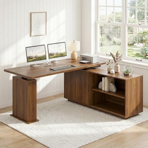 Electric L Shaped Standing Desk with Storage, 55 x 47 Inch Mid Century Modern Corner Sit Stand Up Desk, Wooden Adjustable Height L Office Desk Computer Executive for Home, Laptop, Fluted, Walnut - Thumbnail 3