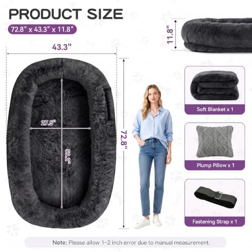 Human Dog Bed - 71''x45''x12'' Size Fits You and Pets, Washable Faux Fur Pet Bed for People Doze Off, Napping Orthopedic Dog Bed, Present Plump Pillow, Blanket, Strap - Dark Grey - Thumbnail 2