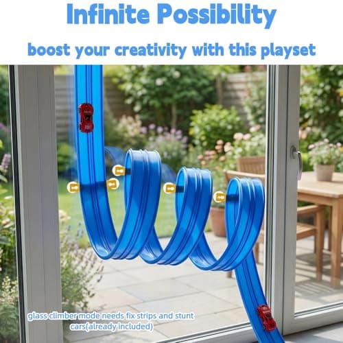 16.5 Ft Flexible Race Track for Kids - Compatible with Hot Wheels 1/64 Diecast Cars - Includes 8 Racing Cars & Super-Grip Gravity Ramp -Rollable Portable DIY Track Toy, Gift for Boys Girls 3-8, Blue - Thumbnail 3