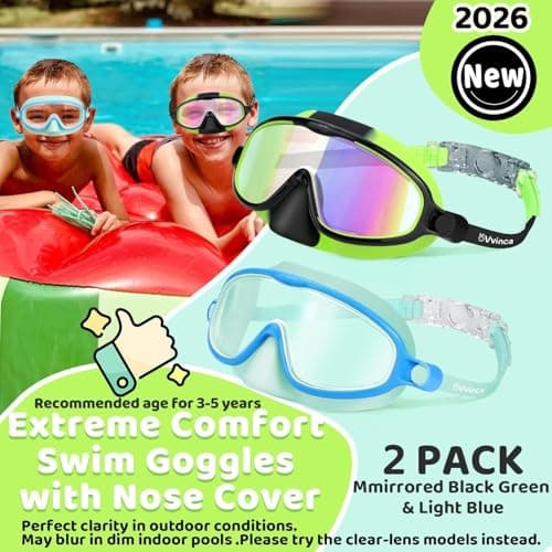 Vvinca 2 Pcs Kids-Swim-Goggles with Nose Cover, Swimming Diving Mask Wide View Anti Fog UV Anti Shattered Lens for Kids 3-5 - Thumbnail 4