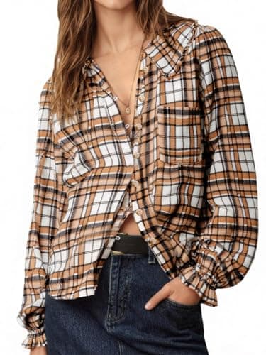 Tankaneo Womens Peter Pan Collar Button Down Shirts Long Sleeve Plaid Blouse Dressy Casual Fall Tops Brown - Image 1