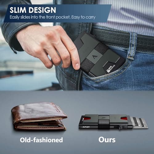 AUTLEY Slim Card Holder, Minimalist Pop Up Wallet for Men, RFID Blocking Mens Wallet with Cash Band (Dark green, Black) - Thumbnail 4