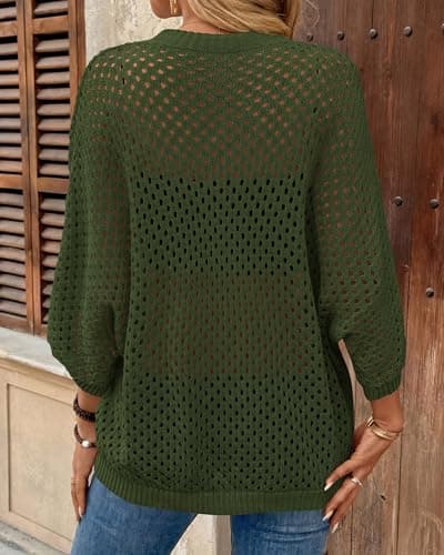 KIRUNDO Crochet Tops for Women Spring Summer Short Sleeve Hollow Out Loose Beach Sweater Lightweight Knit Cover Up Shirts Army Green - Thumbnail 6