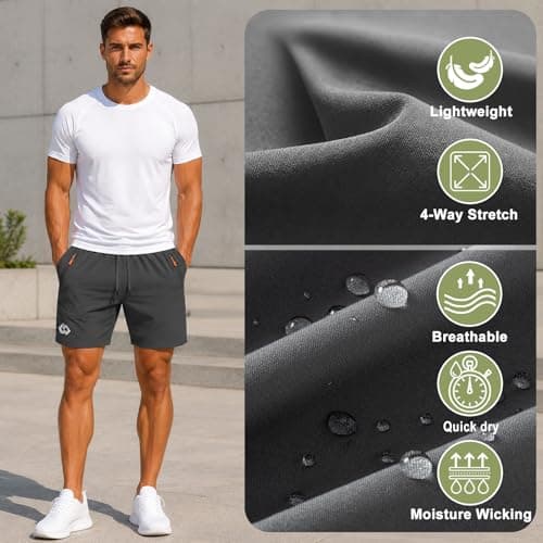 Men's 7" Athletic Gym Shorts with Zipper Pockets, Quick Dry, Iron-gray - Thumbnail 6