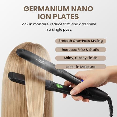 Tony Odisho Black Germanium Flat Iron Hair Straightener – 1.25″ Floating Plates, Ionic Fast-Heat MCH, Digital 180–450°F, Frizz Control, 60-Min Auto Shutoff, 8.5-ft Swivel Cord, Salon Professional - Thumbnail 3