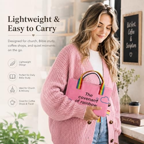 Bible Cover for Women, Zipper-Free Canvas Bible Case with Handle, Lay-Flat Design, Protective Lining, Exterior Pockets & Ribbon Bookmarks, Christian Gift for Women (2 Sizes) (Pink-Rainbow, Large) - Thumbnail 6